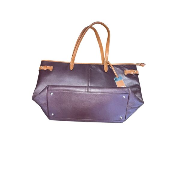 Lauren Ralph Lauren plum purple Leather & Brown Trim Tote Handbag carry all - Picture 4 of 10